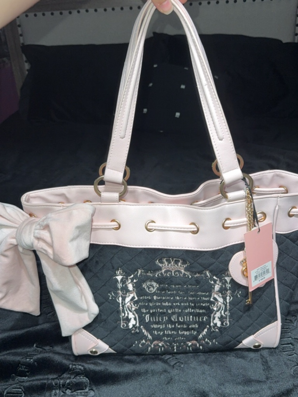 Juicy Couture Black Quilted Tote with Light Pink Trim and Bow